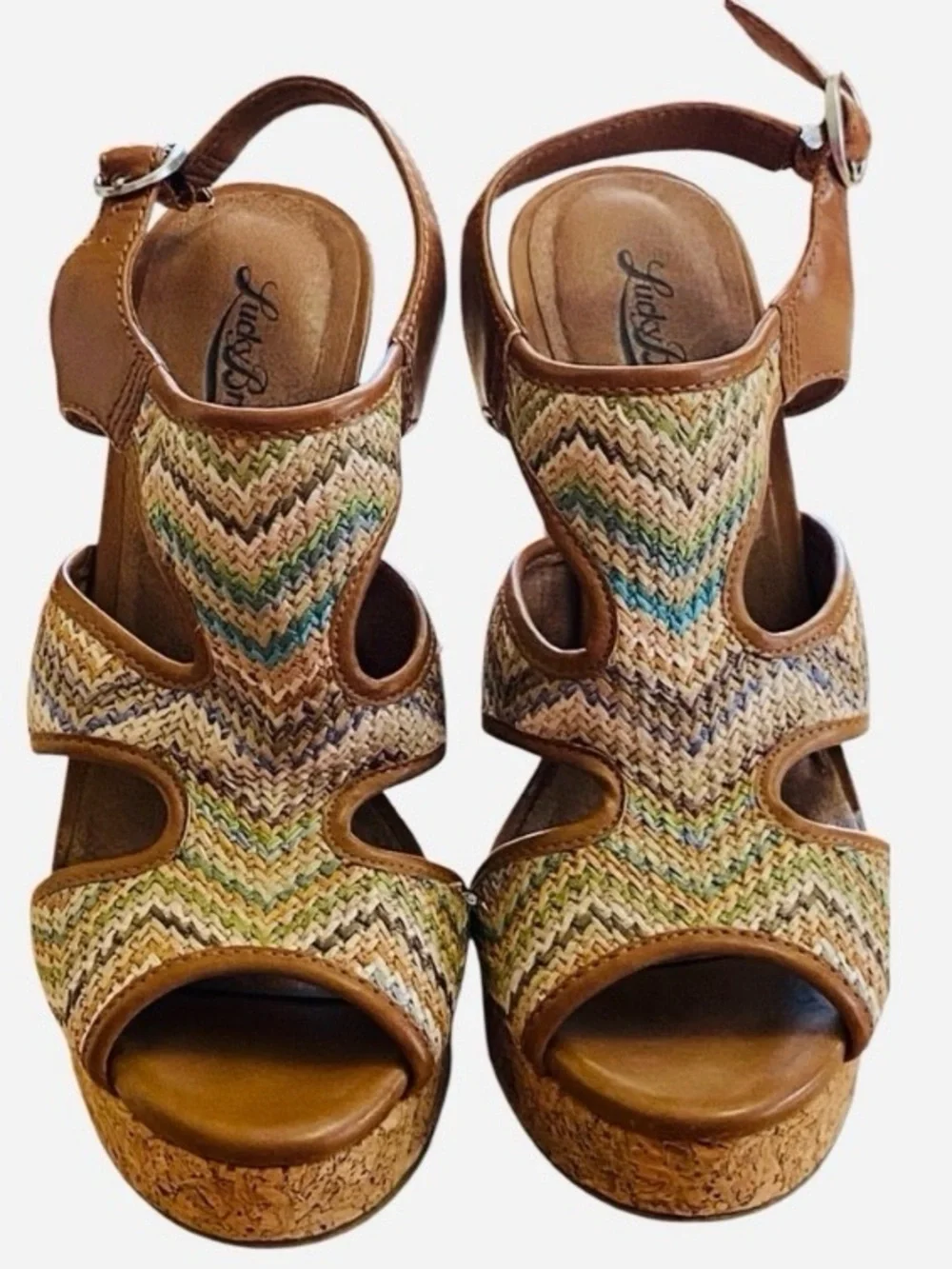 Lucky Brand Riedel 2 Platform Cork Wedge Sandals Chevron Woven Size 8